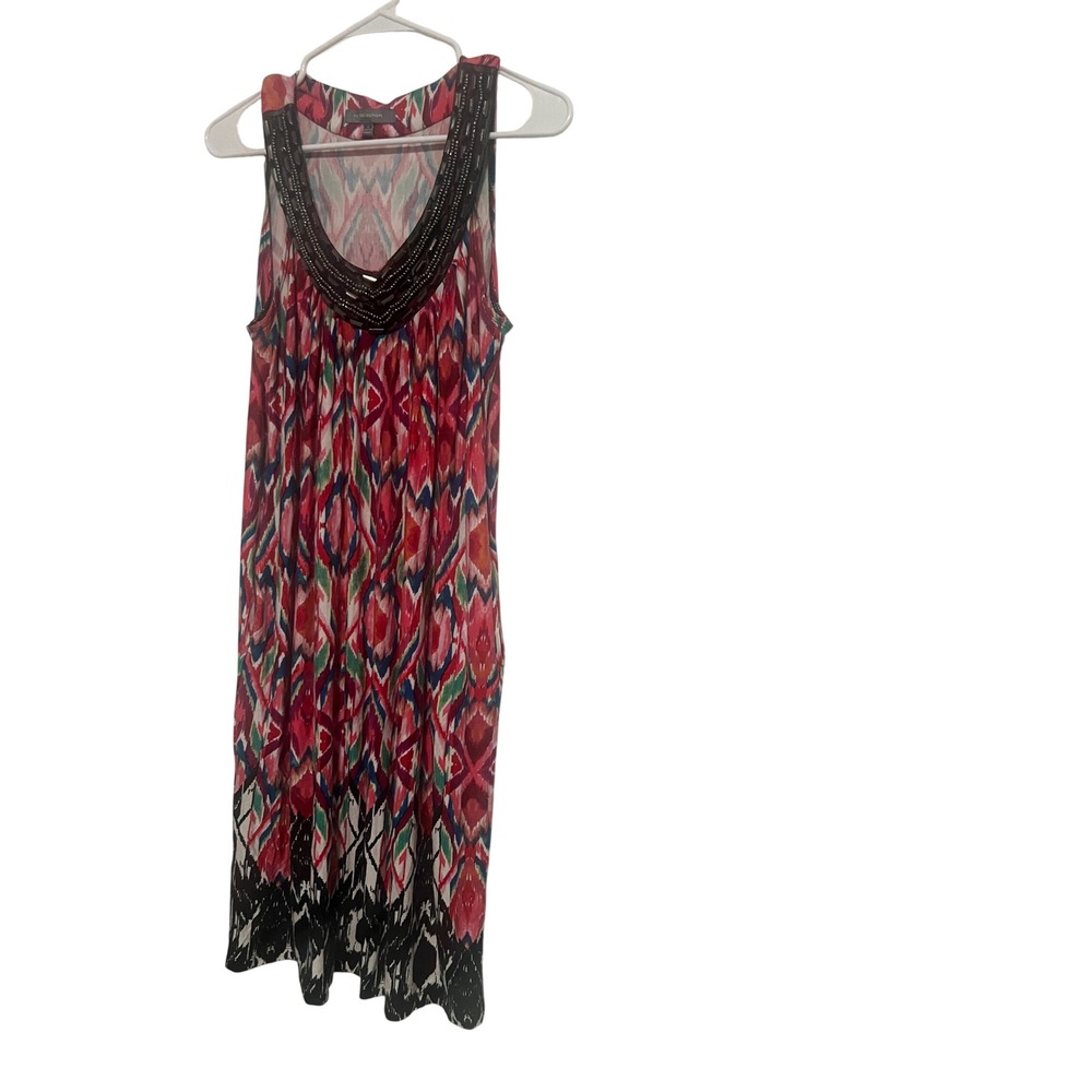 NY Collection Ikat Print Beaded Neckline Sleeveless Shift Dress Multicolor Red M